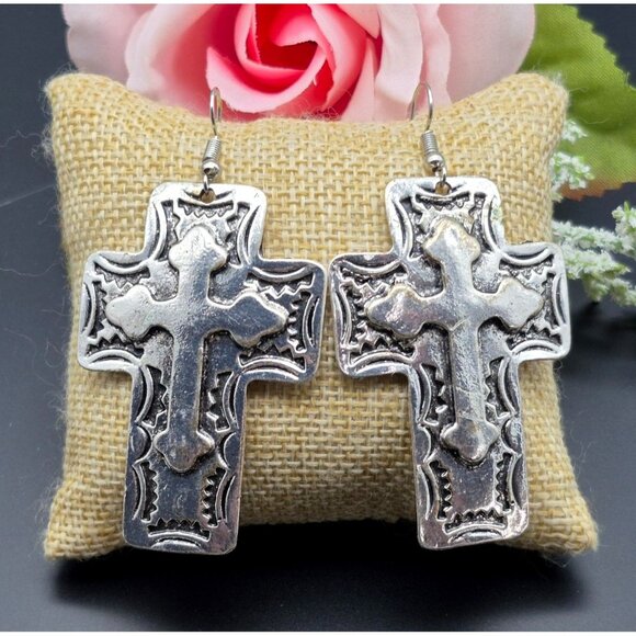 Silver Tone 2.25" Large Dangle Cross Earrings Western Southwest Western Pierced - Picture 2 of 5